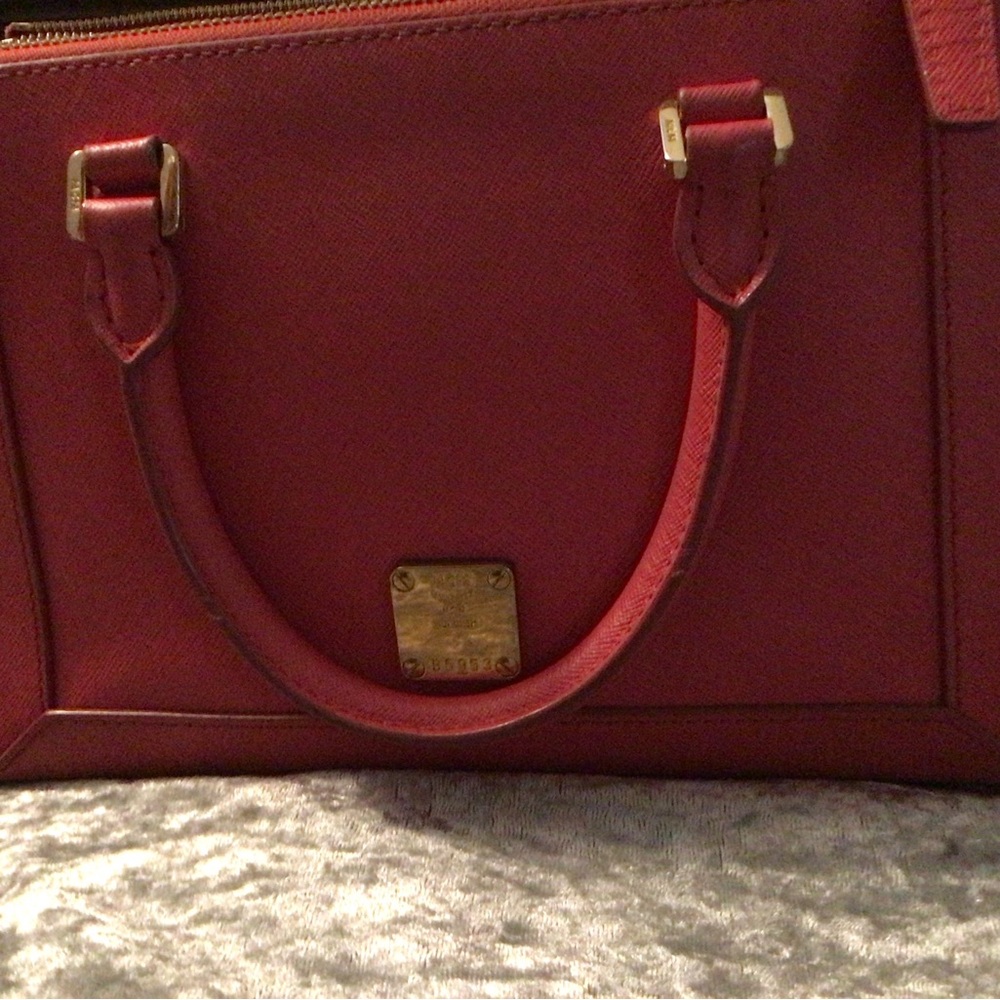 MCM Red Satchel with Gold Details